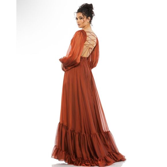 NWT Mac Duggal 67948 Criss Cross Waist Bishop Sleeve Dress - Picture 2 of 3